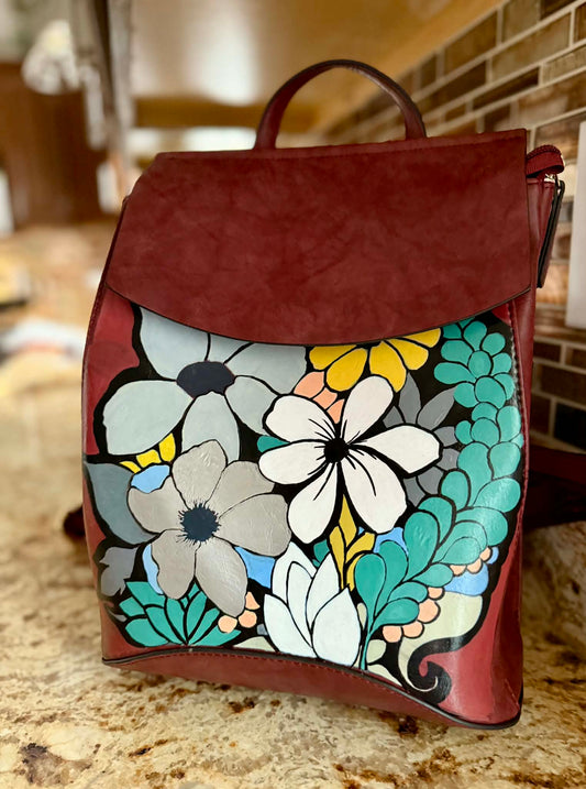 Hand Painted Florals on Brick Red Convertible Backpack