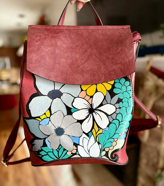 Hand Painted Florals on Brick Red Convertible Backpack