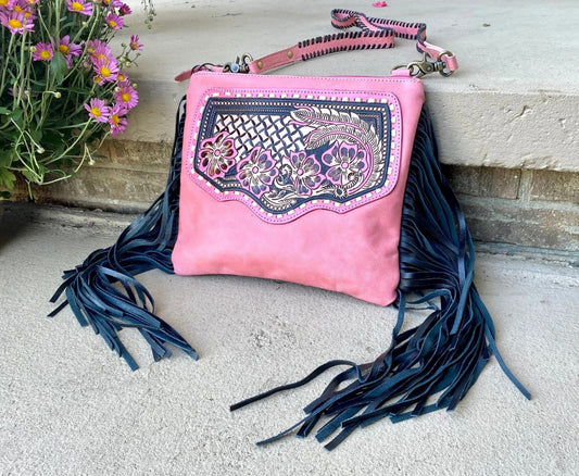 MYRA Millstone Fringed Hand-Tooled Bag in Pink