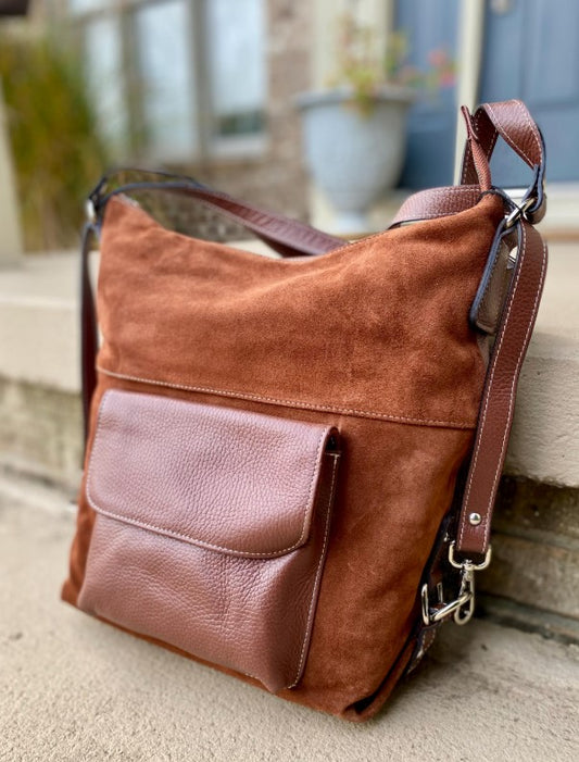 Made In Italy Suede & Leather Convertible Hobo Bag