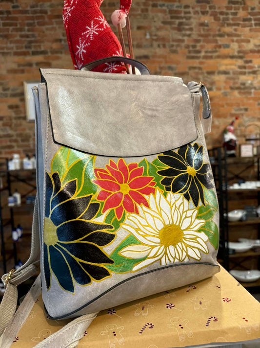 Hand Painted Florals on Gray Convertible Backpack