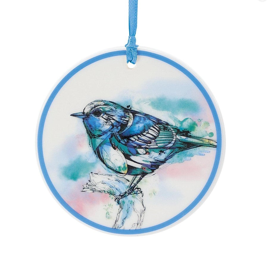 Stoneware Watercolor Bird Ornament; Blue, Gold, Magenta