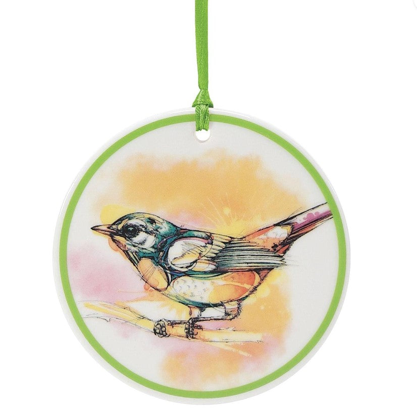 Stoneware Watercolor Bird Ornament; Blue, Gold, Magenta