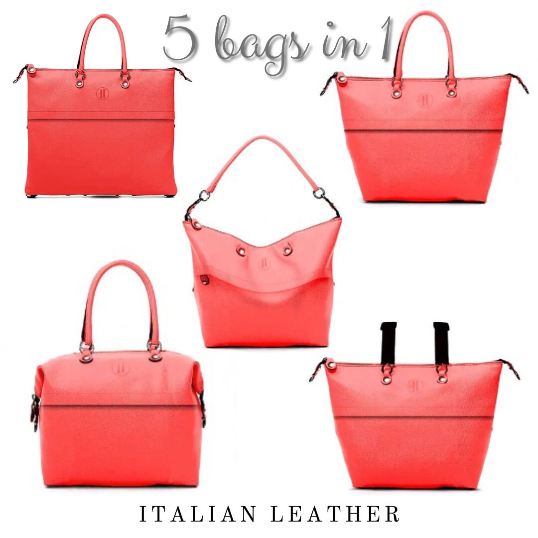 Italian Leather Handbag, 5 bags in one! Red Leather Purse, Handmade in Italy