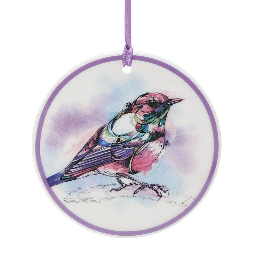 Stoneware Watercolor Bird Ornament; Blue, Gold, Magenta