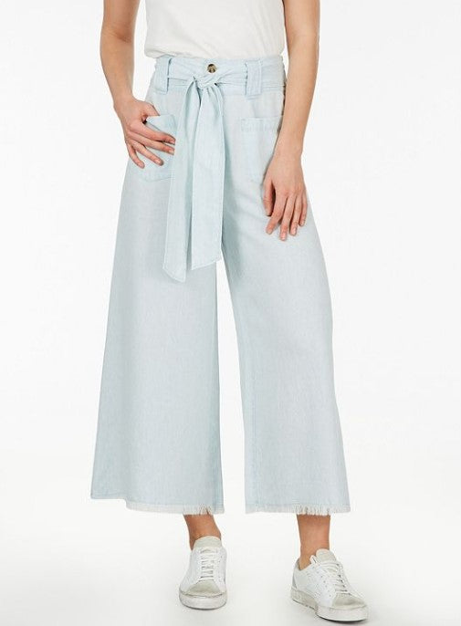 Self Belt Flare Pant in Pale Chambray or White