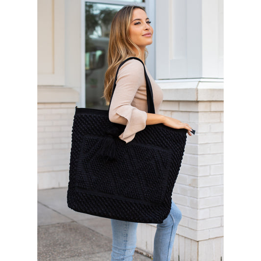 Textured Black Diamond Pattern Tote Bag with Pom ~ Panache