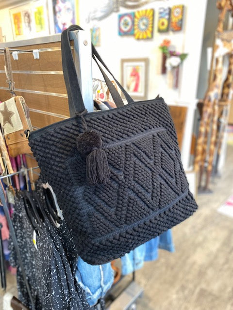 Textured Black Diamond Pattern Tote Bag with Pom ~ Panache