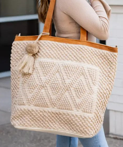 PANACHE Cream Tote with Pom Pom