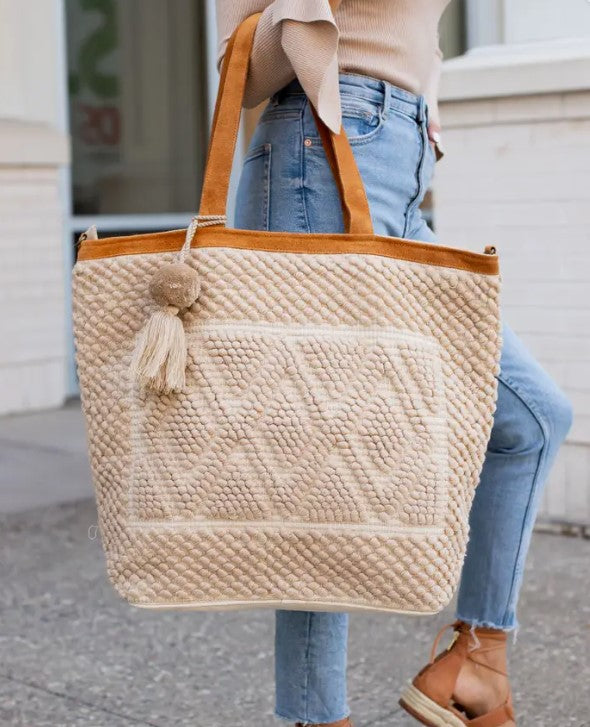 PANACHE Cream Tote with Pom Pom