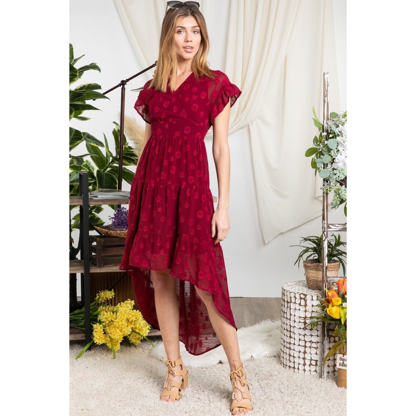 V Neck Short Sleeve Solid Hi Low Midi Dress