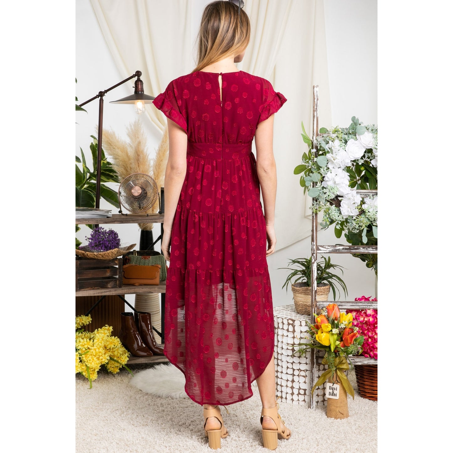 V Neck Short Sleeve Solid Hi Low Midi Dress