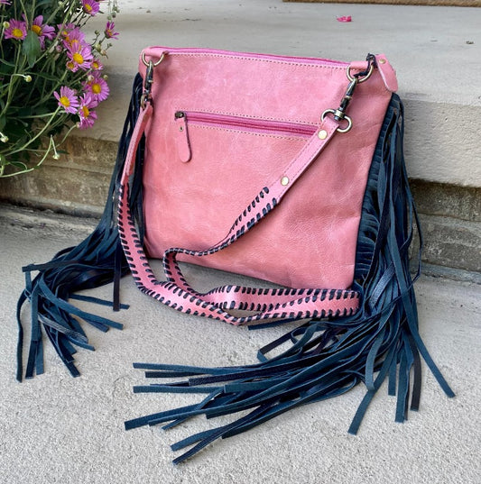 MYRA Millstone Fringed Hand-Tooled Bag in Pink
