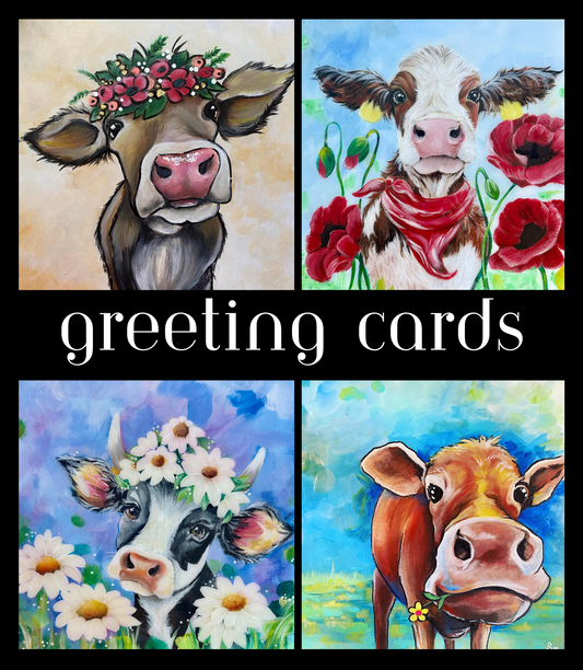 Whimsical Cows, Original Art Greeting Cards - Set of Four