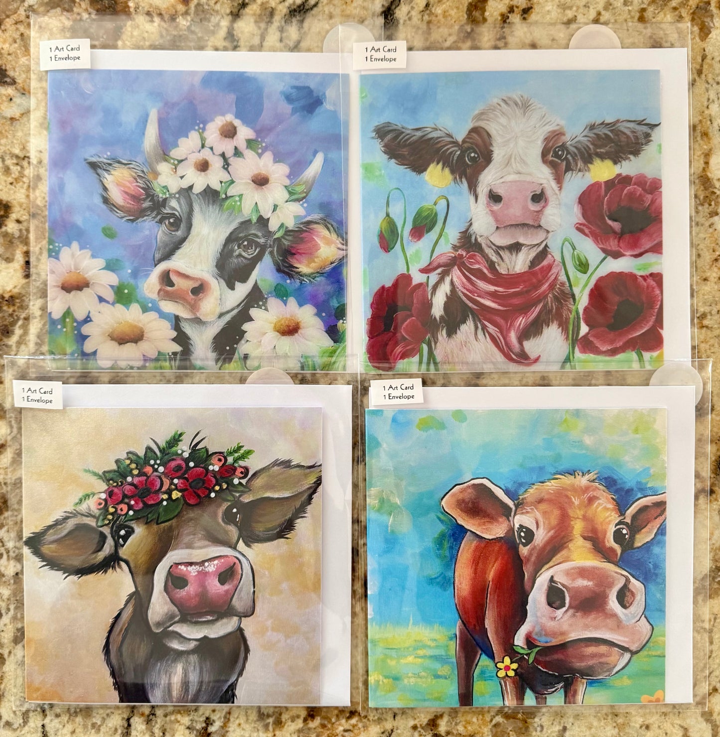 Whimsical Cows, Original Art Greeting Cards - Set of Four