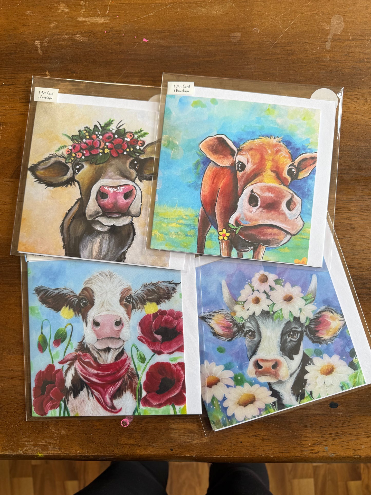Whimsical Cows, Original Art Greeting Cards - Set of Four