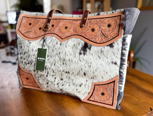 MYRA Weekender, Western Cowhide Weekender, Speckled Cowhide Large Purse, Hand Tooled Leather Bag, Upcycled Canvas Duffle Bag, Overnight Bag