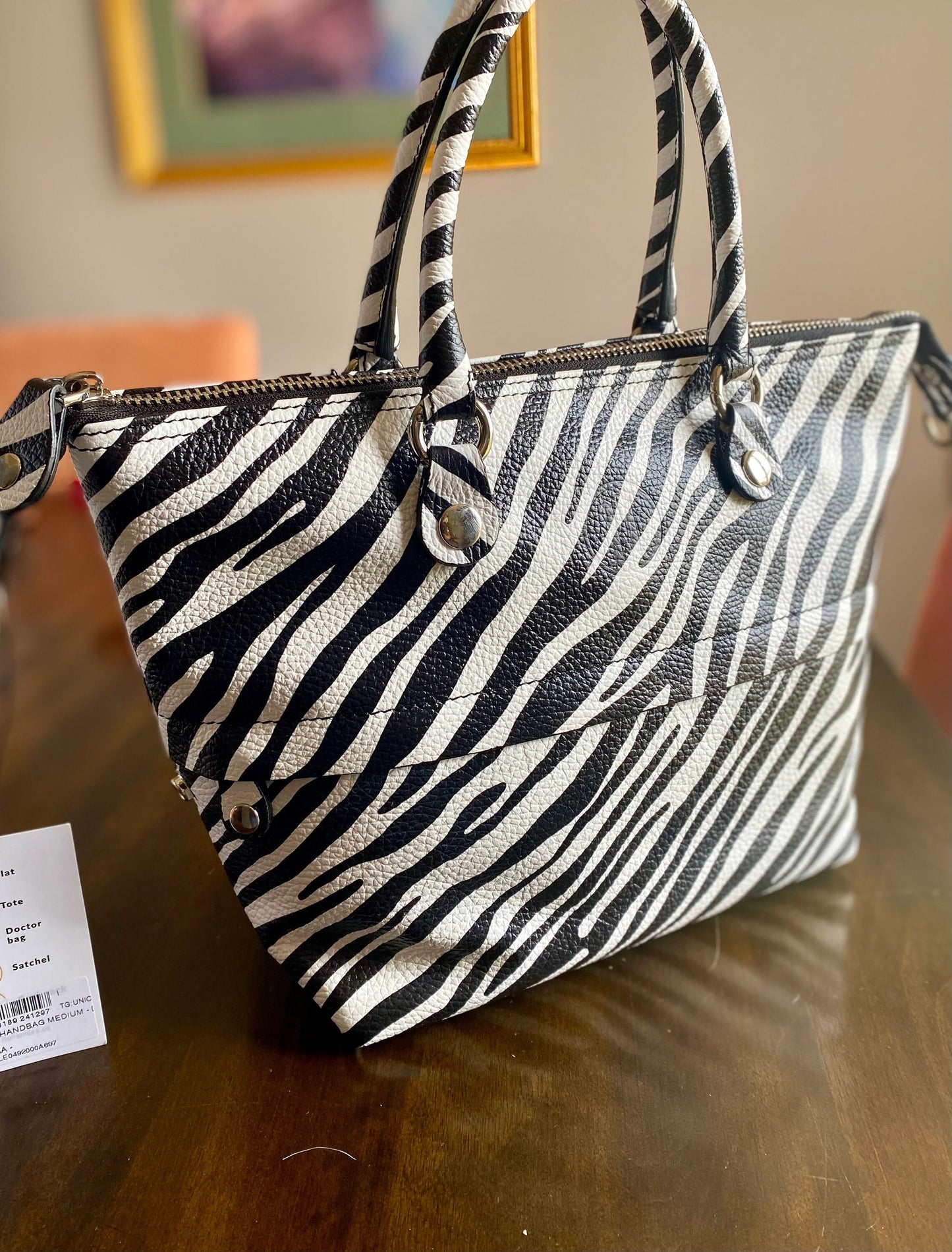 Italian Leather Handbag, 5 bags in one! Zebra Striped Leather Purse, Handmade in Italy