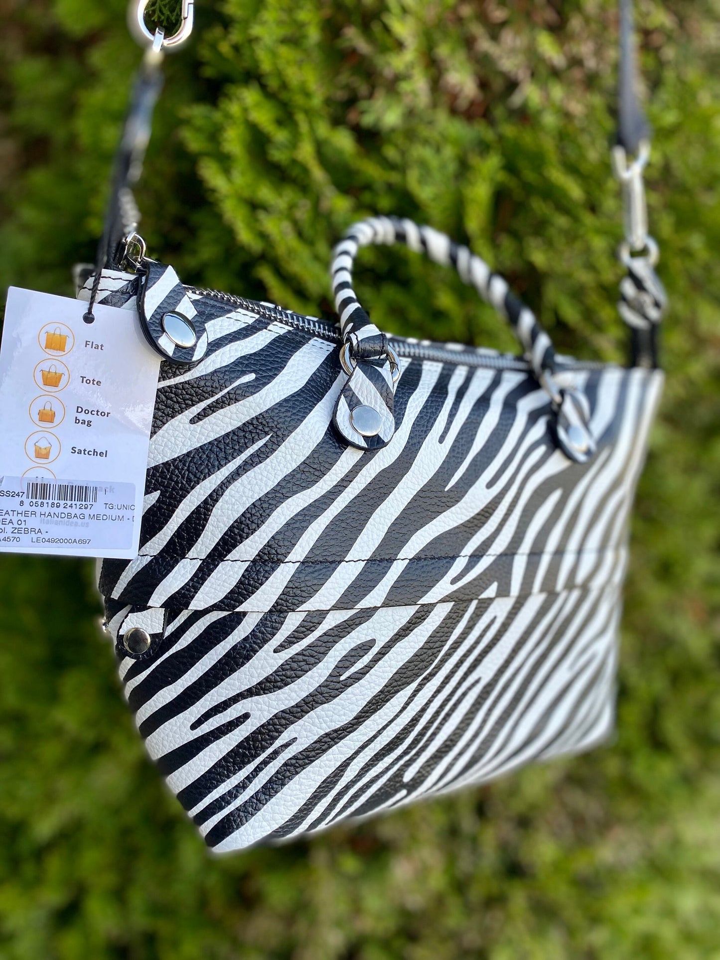 Italian Leather Handbag, 5 bags in one! Zebra Striped Leather Purse, Handmade in Italy
