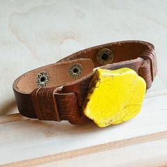 Yellow Turquoise Slab on Narrow Leather Cuff