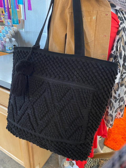Textured Black Diamond Pattern Tote Bag with Pom ~ Panache