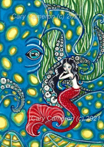 Original Painting "Mermaid & Blue Octopus" by C. Cameron, Pocket Art